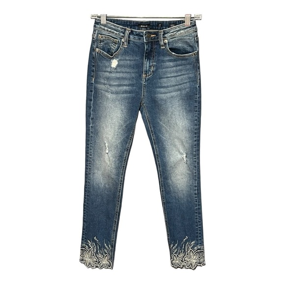 Miss Me Ankle Cropped Skinny Jeans Distressed Studded Details Embroidered Hem - Picture 1 of 8